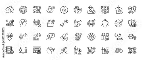 Sustainability and environmental line icon set. Vector pictograms of recycling, renewable energy, and ethical consumption, thin linear illustration.