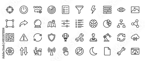 Technology and business icon set. Vector pictograms of settings, brain, power, map, graph, and chart, thin linear illustration.