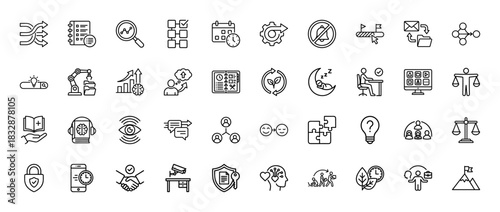 Business and productivity line icon set. Vector pictograms of task management, planning, security, and strategy, thin linear illustration.