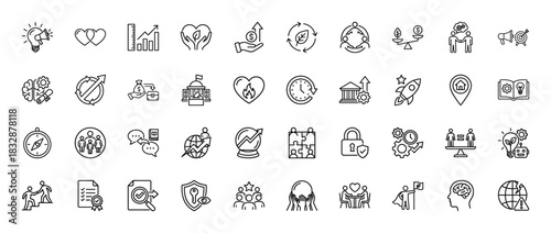 Business and corporate strategy line icon set. Vector pictograms of growth, finance, security, and innovation, thin linear illustration.