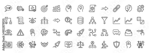 Business strategy and project management line icon set. Vector pictograms of research, target, data, mind, and process, thin linear illustration.