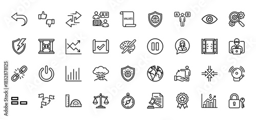 Business and security line icon set. Vector pictograms of decision, data, security, values, and analysis, thin linear illustration.