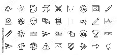 Artificial intelligence and machine learning line icon set. Vector pictograms of neural networks, data, graphs, and tools, thin linear illustration.