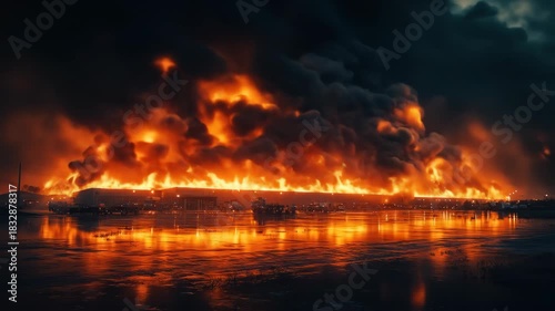 Building ablaze, water reflects flames in nightscape, smoke fills sky