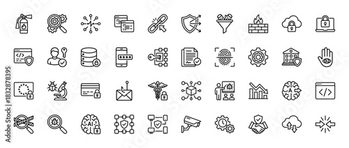 Cybersecurity line icon set. Vector pictograms of firewall, biometric fingerprint, data protection, and antivirus software, thin linear illustration.