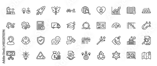 Business and strategy line icon set. Vector pictograms of teamwork, startup rocket, data analysis, and workflow, thin linear illustration.