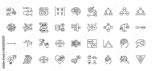 Artificial intelligence line icon set. Vector pictograms of neural networks, data mining, machine learning, and symbolic logic, thin linear illustration.
