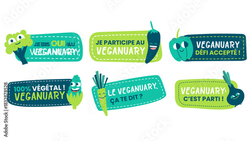 Planche de stickers Veganuary avec légumes mignons et slogans motivants. Illustration vectorielle pour campagnes vegan, alimentation végétale, nutrition, santé, réseaux sociaux.