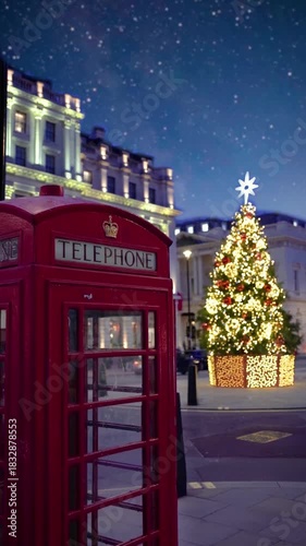 A Christmas concept in London with a red telephone booth in front of a illuminated tree under a starry sky