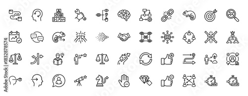 Business and strategy line icon set. Vector pictograms of puzzle, handshake, target, decision, and growth, thin linear illustration.