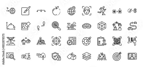 Artificial intelligence and technology line icon set. Vector pictograms of machine learning, data, security, and vr, thin linear illustration.