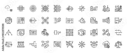 Technology and data line icon set. Vector pictograms of blockchain, cloud computing, circuit boards, and energy solutions, thin linear illustration.