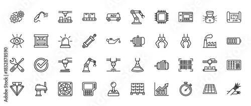 Industrial automation line icon set. Vector pictograms of robotic arm, conveyor belt, agv, manufacturing, and engineering equipment, thin linear illustration.