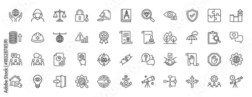 Law and justice icon set. Vector pictograms of scales, handshake, telescope, and shield, thin linear illustration.