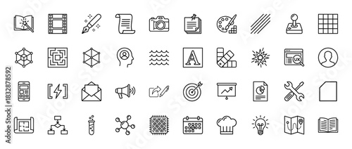 Creative and development line icon set. Vector pictograms of camera, paintbrush, maze, calendar, and lightbulb, thin linear illustration.