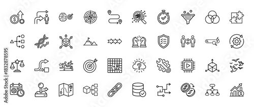 Business and strategy line icon set. Vector pictograms of finance, analytics, decision, goal, and workflow, thin linear illustration.