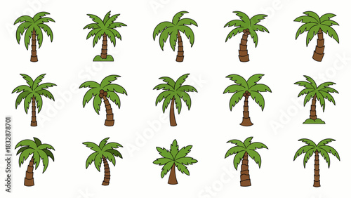 A vibrant collection of diverse cartoon palm tree illustrations, perfect for tropical designs, summer themes, and exotic vacation concepts.