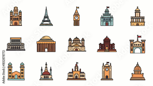This collection of international iconic architectural landmarks and famous world monuments showcases diverse global travel destinations in a vibrant, illustrative icon style.