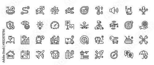 Transportation and logistics line icon set. Vector pictograms of car navigation, delivery, travel, and city transport, thin linear illustration.