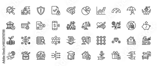 Finance and business line icon set. Vector pictograms of investment, security, banking, and data analysis, thin linear illustration.