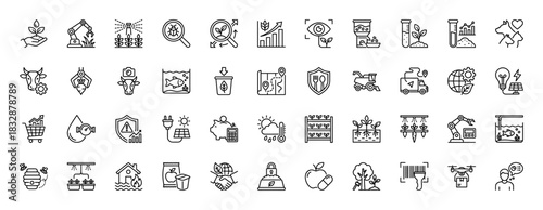 Smart agriculture and farm technology line icon set. Vector pictograms of drone, robot arm, plant, and cow, thin linear illustration.