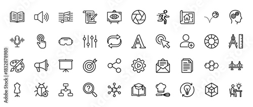 Creative and technology line icon set. Vector pictograms of book, shutter, microphone, bridge, gear, and lightbulb, thin linear illustration.