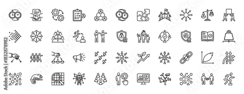 Business and management line icon set. Vector pictograms of teamwork, strategy, growth, security, and process, thin linear illustration.