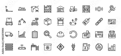 Logistics and warehouse management line icon set. Vector pictograms of forklift, truck, conveyor, scanner, and packaging, thin linear illustration.
