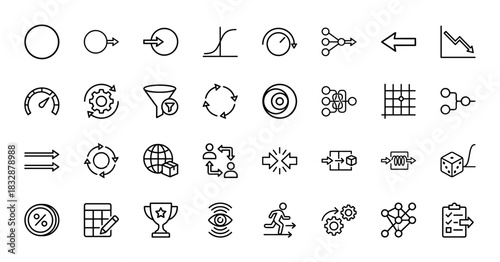 Business and data analysis line icon set. Vector pictograms of process, gear, chart, network, and performance, thin linear illustration.
