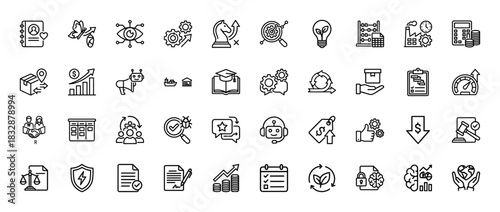 Business and strategy line icon set. vector pictograms of innovation, logistics, analysis, education, and finance, thin linear illustration.