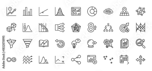 Business and data analysis line icon set. Vector pictograms of charts, graphs, funnels, and statistical visualization, thin linear illustration.