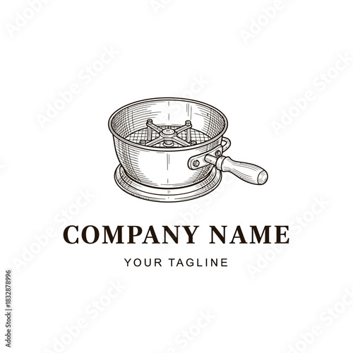 Vintage Hand-Drawn Metal Pot with Handle and Internal Grate for Cooking.