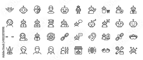 Artificial intelligence and robotics line icon set. Vector pictograms of chatbots, cyborgs, VR glasses, and machine learning, thin linear illustration.