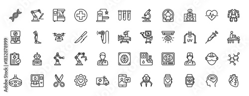 Medical technology line icon set. Vector pictograms of surgical robot, dna, microscope, mri, and syringe, thin linear illustration.