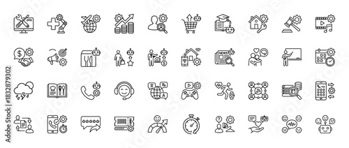 Business and service management line icon set. Vector pictograms of settings, finance, support, and technology, thin linear illustration.