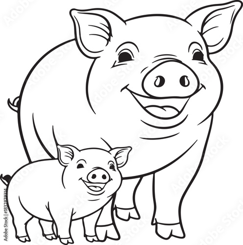 Charming pig and its cute piglet standing together, both smiling joyfully, depicting family bond and farm life