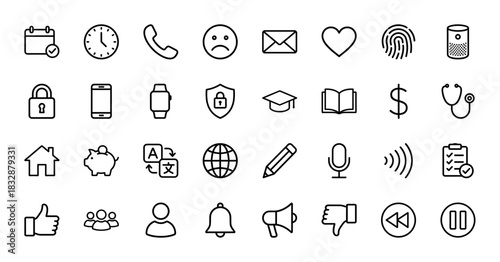 Universal communication and utility line icon set. Vector pictograms of clock, phone, calendar, heart, security, and finance, thin linear illustration.