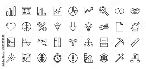Data analysis and business intelligence line icon set. Vector pictograms of charts, graphs, dashboard, funnel, statistics, algorithm, mining, thin linear illustration.