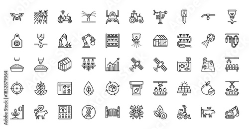 Smart farming line icon set. Vector pictograms of drone, sensor, tractor, irrigation, and genetic engineering, thin linear illustration.