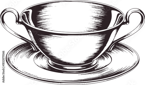 Black and white illustration of a two handled soup tureen on a saucer