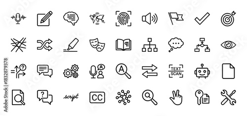 Artificial intelligence and communication line icon set. Vector pictograms of microphone, brain, speech, and magnifying glass, thin linear illustration.