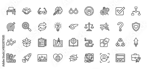Business line icon set. Vector pictograms of handshake, brain, target, roadmap, and puzzle, thin linear illustration.