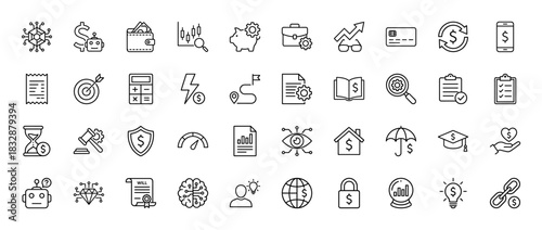 Finance and business line icon set. Vector pictograms of cryptocurrency, wallet, piggy bank, chart, calculator, document, and goal, thin linear illustration.