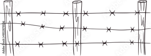 Black and white simple drawing of barbed wire fence