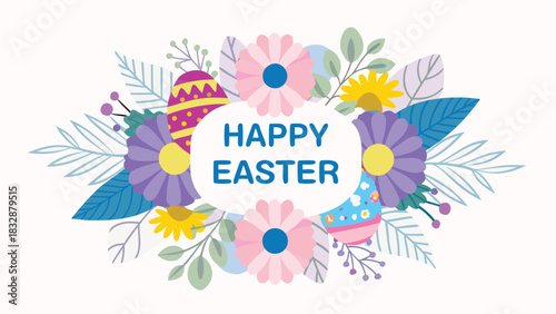 Happy easter greeting card with colorful decorated eggs and spring flowers in a floral arrangement on a light background