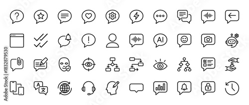 Chat and messaging line icon set. Vector pictograms of speech bubbles, question marks, and translation, thin linear illustration.