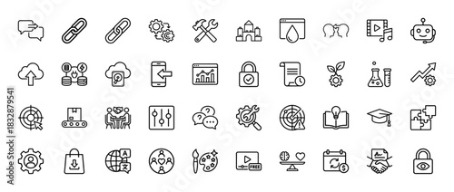 Business and technology line icon set. Vector pictograms of settings, chain link, finance, development, and education, thin linear illustration.