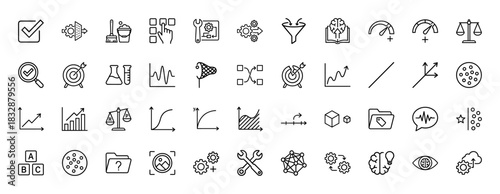 Data analysis and scientific research line icon set. Vector pictograms of charts, graphs, funnels, targets, and gears, thin linear illustration.