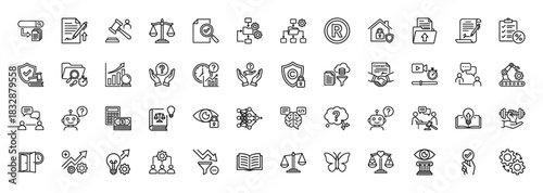 Legal and intellectual property line icon set. Vector pictograms of contract, balance, patent, copyright, and automation, thin linear illustration.