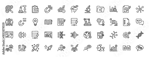 Data science and research line icon set. Vector pictograms of machine learning, biology, development, and robotics, thin linear illustration.